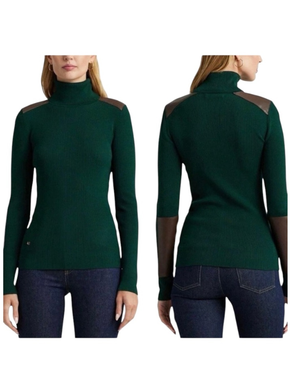 Ralph Lauren Green Ribbed Turtleneck Sweater Faux Leather Patches Size M